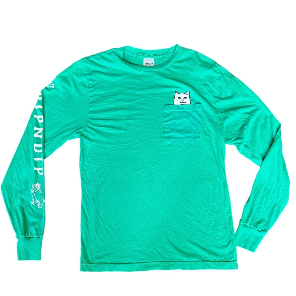 RIPNDIP "Lord Nermal" Long Sleeve Pocket Tee TEAL Cat Graphic Shirt Adult Small